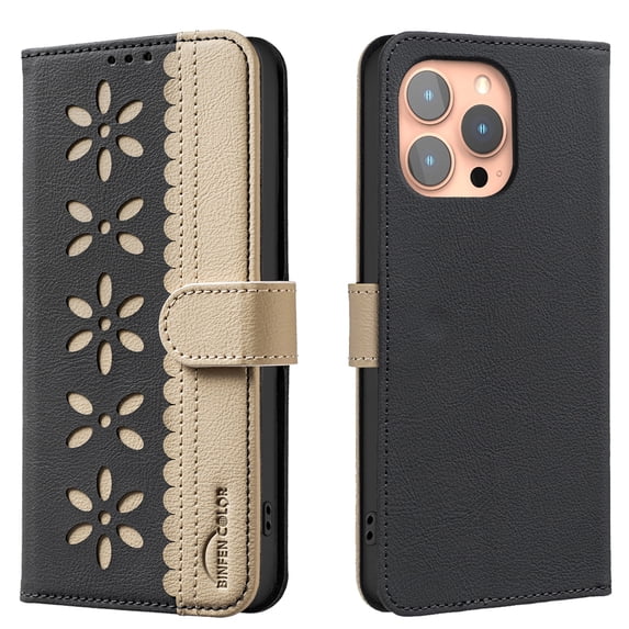 Compatible with iPhone 13 Pro Wallet Case with Card Holder, Premium PU Leather Floral Design Flip Cover with Kickstand Magnetic Closure, RFID Blocking Phone Case for iPhone 13 Pro, Black