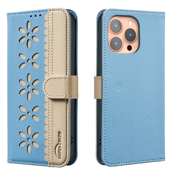 Compatible with iPhone 13 Pro Wallet Case with Card Holder, Premium PU Leather Floral Design Flip Cover with Kickstand Magnetic Closure, RFID Blocking Phone Case for iPhone 13 Pro, Lightblue