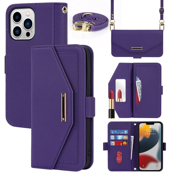 Compatible with iPhone 13 Pro Wallet Case, Premium PU Leather Card Slots Removable Adjustable Crossbody Strap Magnetic Leather Case with Kickstand & Make-up Mirror for iPhone 13 Pro, Purple