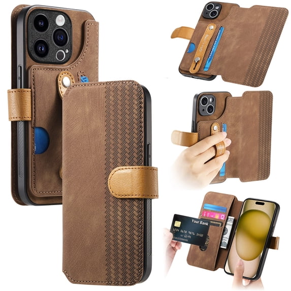 Compatible with iPhone 13 Pro Wallet Case with RFID Blocking Card Holder Fashion PU Leather Contractible Wrist Kickstand Shockproof Anti-fall Flip Phone Case Cover For iPhone 13 Pro,Brown