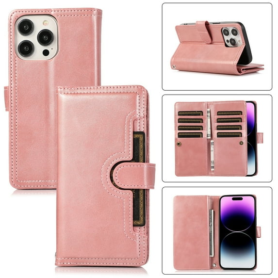 Compatible with iPhone 13 Pro Wallet Case,RFID Blocking PU Leather Folio Magnetic Closure Protective Cover with Wrist Strap Outer Slide Credit Card Holder Kickstand Men Women,Rosegold