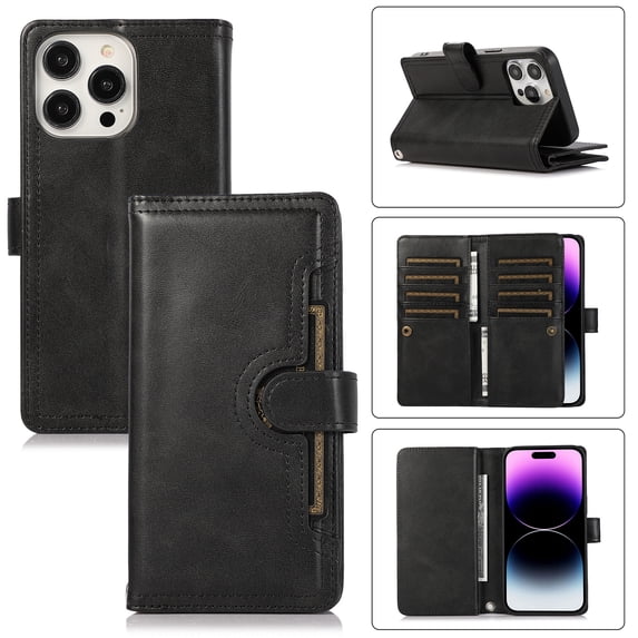 Compatible with iPhone 13 Pro Wallet Case,RFID Blocking PU Leather Folio Magnetic Closure Protective Cover with Wrist Strap Outer Slide Credit Card Holder Kickstand Men Women,Black