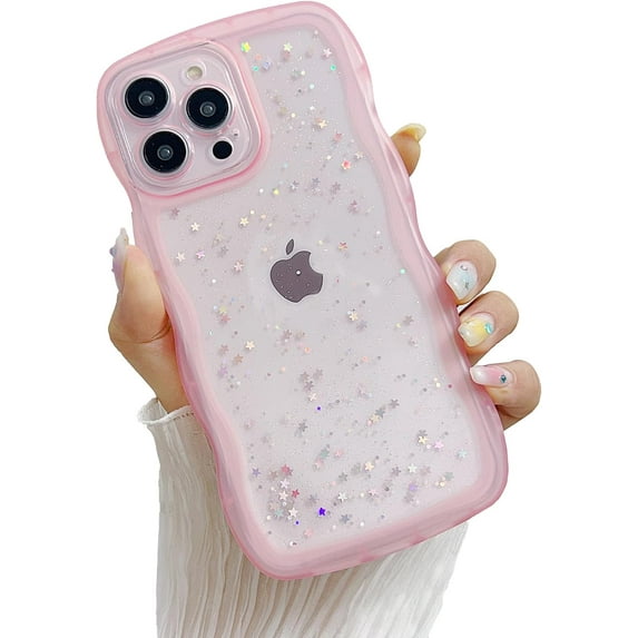Compatible with iPhone 13 Pro Wavy Edge Shiny Stars Clear Cute Phone Case for Women Girls All-Around Soft TPU Anti-Collision Anti-Shock Transparent Phone Case for iPhone 13 Pro-Pink