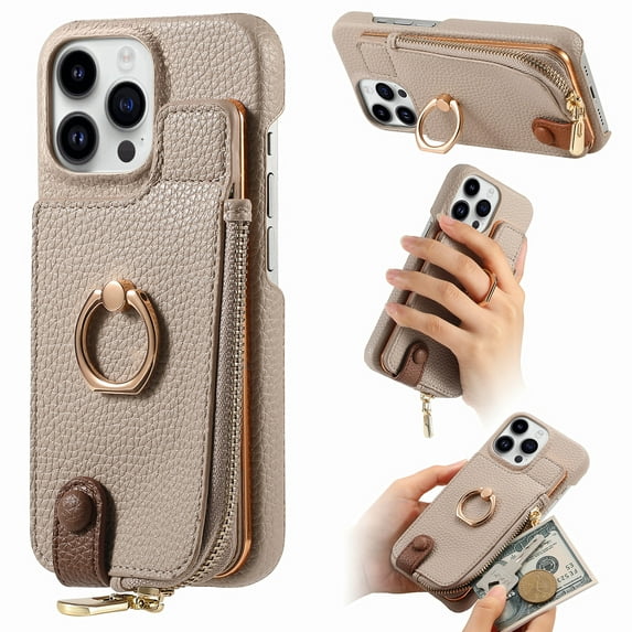 Compatible for iPhone 13 Pro Zipper Wallet Case with Card Holder, Rotation Ring Kickstand Case, PU Leather Card Slots RFID Blocking Protection Phone Case Shockproof Cover, Khaki