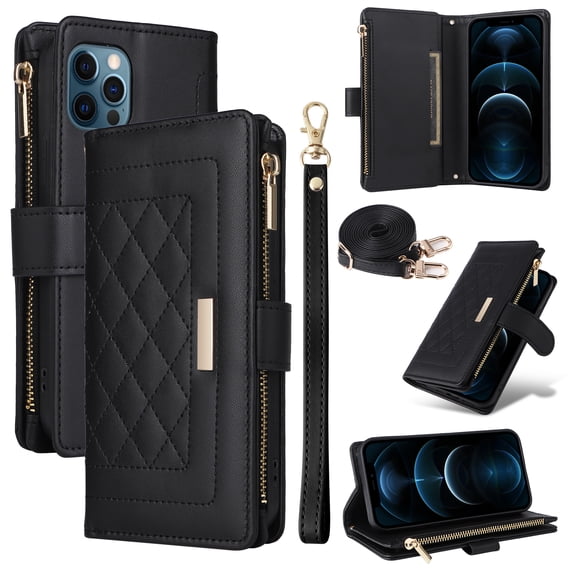 Compatible with iPhone 13 Pro case Wallet Crossbody & Wrist Strap with Card Holder Phone case RFID Blocking PU Leather Magnetic Closure Flip Stand Zipper Purse Shockproof Cover,Black