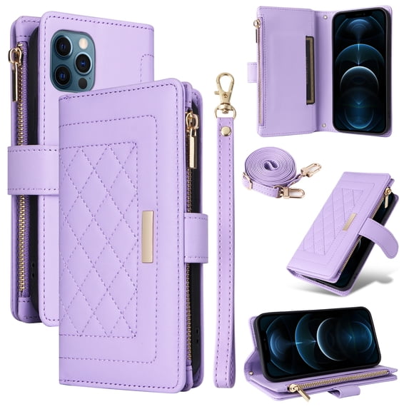 Compatible with iPhone 13 Pro case Wallet Crossbody & Wrist Strap with Card Holder Phone case RFID Blocking PU Leather Magnetic Closure Flip Stand Zipper Purse Shockproof Cover,Purple