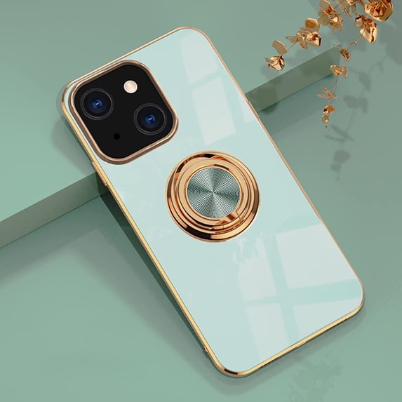 Compatible with iPhone 13 Ring Holder Stand Case Glitter Plating Rose Gold Edge 360 Rotation Kickstand for Women Slim Soft Flexible TPU Protective Cover Case - 6.1 Inch (2021), Teal