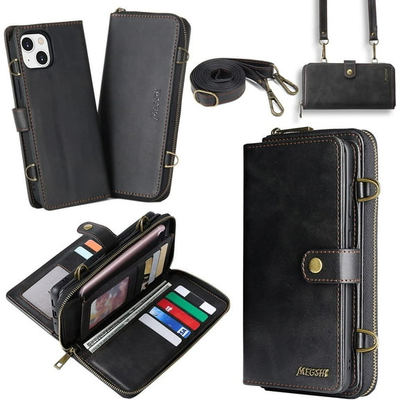 Compatible with iPhone 13 Wallet Case 2021,Multi-Function Wallet Case,2 in 1 Detachable Magnetic Wallet Case with Card Holder,PU Leather Flip Cover with Lanyard,13 Card Slots,Black