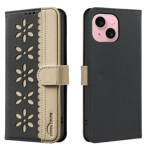 Compatible with iPhone 13 Wallet Case with Card Holder, Premium PU Leather Floral Design Flip Cover with Kickstand Magnetic Closure, RFID Blocking Phone Case for iPhone 13, Black