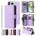thumbnail image 1 of Compatible for iPhone 13 Wallet Case, Crossbody Strap PU Leather Folio Phone Cover, Zipper Handbag Purse with Card Holder Lanyard Flip Stand for iPhone 13, Purple, 1 of 10