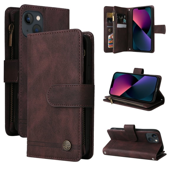 Compatible With iPhone 13 Wallet Case Full Coverage Dustproof Dual Layer Card Pockets Kickstand Crossbody Lanyard Shockproof Synthetic Leather Lightweight Luxury Phone Cover,Brown