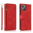 thumbnail image 1 of Compatible With iPhone 13 Wallet Case Full Coverage Metal Zipper and Buttons Design Dual Layer Kickstand Card Pocket Slim & Lightweight Shockproof Wrist Strap Phone Case,Red, 1 of 12