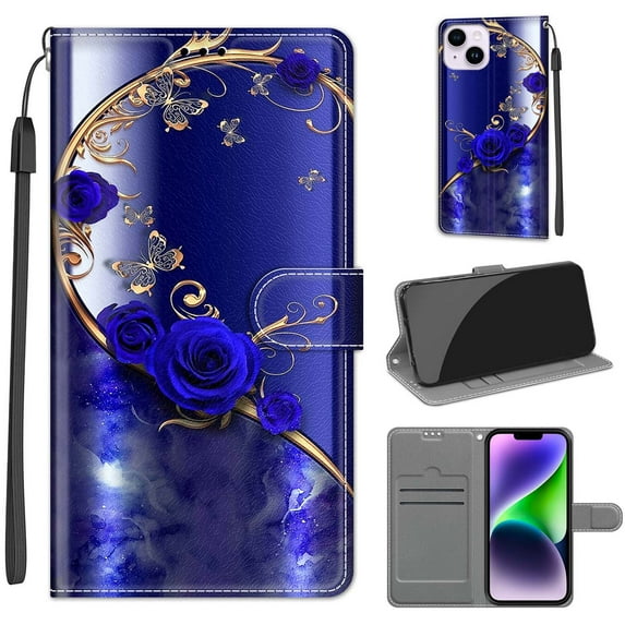 Compatible with iPhone 13 Wallet Case for Men Women, Premium PU Leather Flip Cover with Card Holder, Wrist Strap, Kickstand Shockproof Magnetic Clasp Phone Case, Blue Rose + Golden Butterfly