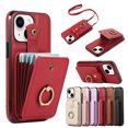 thumbnail image 1 of Compatible with iPhone 13 Wallet Case, PU Leather Case with Card Holder, 360° Rotation Ring Kickstand, Shoulder Strap, Magnetic Snap Protective Case Designed for iPhone 13, Red, 1 of 8