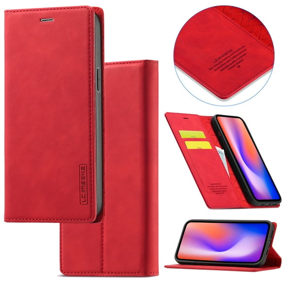 Compatible with iPhone 13 Wallet Case, PU Leather Flip Folio Case with Card Holders RFID Blocking Kickstand [Shockproof TPU Inner Shell] Phone Cover For iPhone 13, Red