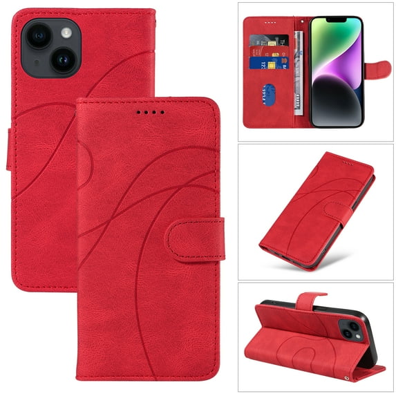 Compatible with iPhone 13 Wallet Case, Protective Vintage Premium PU Leather Flip with Card Holders Kickstand & Wrist Strap Folio Case Cover for Men Women for iPhone 13, Red