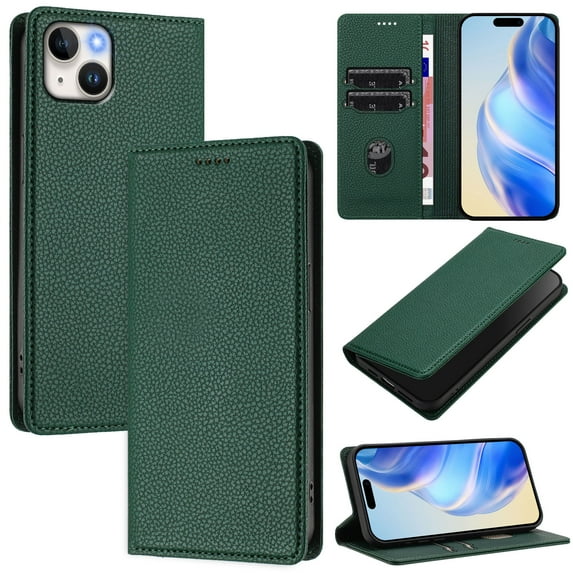 Compatible with iPhone 13 Wallet Case with RFID Blocking Credit Card Holder, PU Leather Folio Flip Kickstand Protective Shockproof Cover Women Men for iPhone 13 Phone Case - Darkgreen