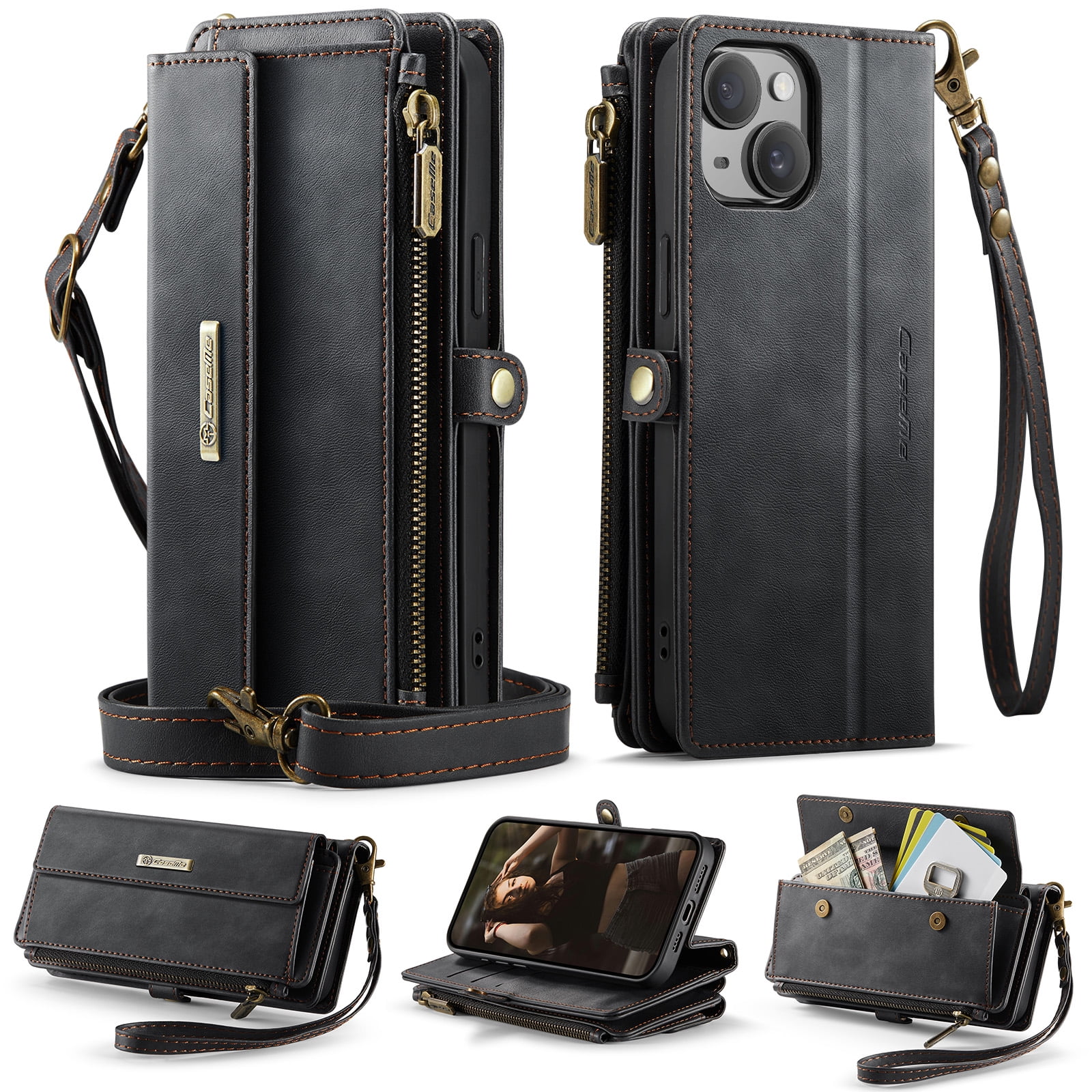 Compatible with iPhone 13 Wallet Case, Women Men RFID Blocking PU Leather Flip Cover Zipper Pocket Card Slots Phone Case for iPhone 13, Wrist Strap & Crossbody Strap, Black