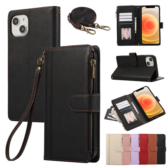 Compatible with iPhone 13 Wallet Case and Wrist Strap Protector PU Leather Flip Credit Card Holder Purse Stand Cell Accessories Shockproof Phone Cover for Women Men,Black