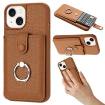 Compatible with iPhone 13 Wallet Phone Case,360°Rotation Finger Ring Holder Kickstand,with Card Holder,Lychee Pattern PU Leather Durable Shockproof Rugged Phone Case,Brown