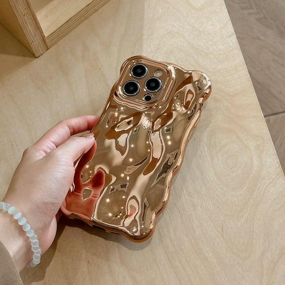 Compatible with iPhone 13 Wavy Phone Case, Cute 3D Wave Bubble Pattern and Stylish Wavy Border Soft TPU Protection Shockproof Phone Case for Women Girls for iPhone 13, Gold