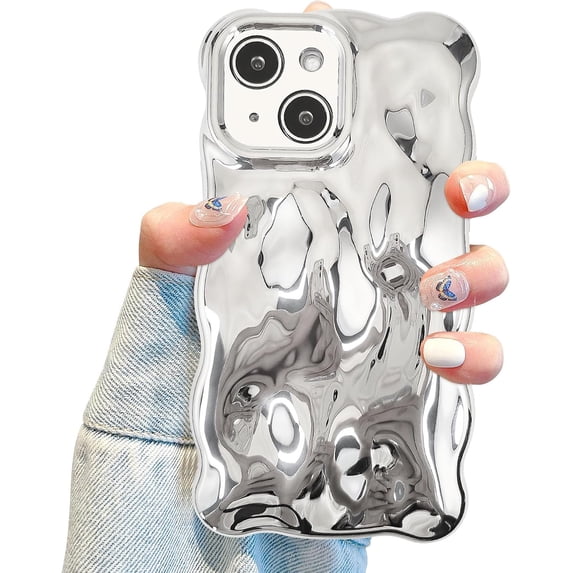 Compatible with iPhone 13 Wavy Phone Case, Cute Coquette 3D Wave Bubble Pattern and Stylish Wavy Border, Soft TPU, Protection Shockproof Phone Case for Women Girls (Silver)