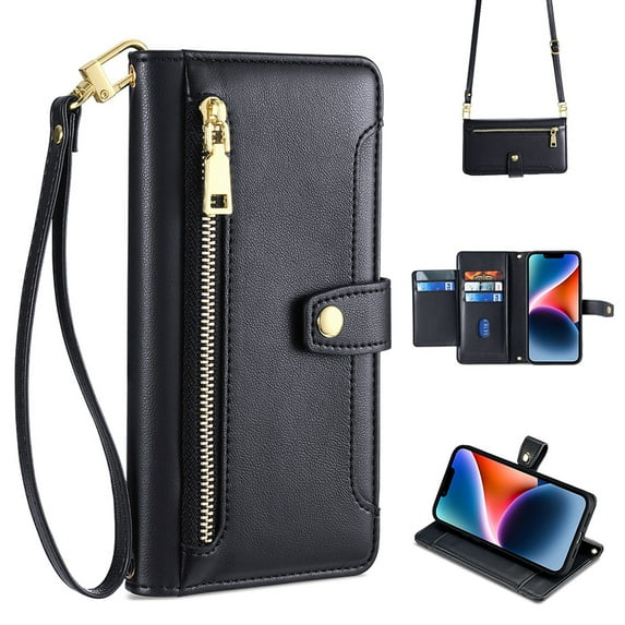 Compatible with iPhone 13, Zipper Purse Shoulder Strap & Wrist Strap Card Slots Kickstand PU Leather Wallet Case Rugged Magnetic Closure for iPhone 13, Black