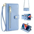 thumbnail image 1 of Compatible with iPhone 13, Zipper Purse Shoulder Strap & Wrist Strap Card Slots Kickstand PU Leather Wallet Case Rugged Magnetic Closure for iPhone 13, Blue, 1 of 6