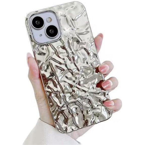 Compatible with iPhone 13/ iPhone 14 Case, Cute 3D Tin Foil Pleated Luxury Phone Cover for Women Girls Cool Bling Designer Soft Slim Case for iPhone 13/iPhone 14 Silver
