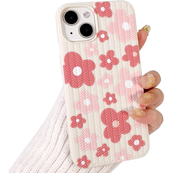 Compatible for iPhone 13/ iPhone 14 Case Cute Flower Woven Pattern Braid for Women Girls Girly Floral Design Soft Silicone Shockproof Cover-Pink Flower 2