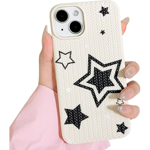 Compatible for iPhone 13/ iPhone 14 Case Cute Star Design for Women Girls Woven Pattern Braid Design Solid Color Soft Silicone Shockproof Cover-Black Star