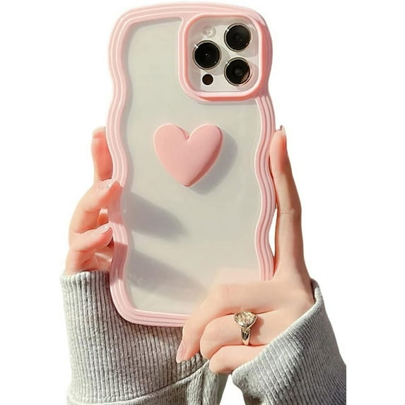 Compatible with iPhone 13/iPhone 14 Case for Girls Women,Cute 3D Love Heart Design Curly Wave Clear Transparent Case Shockproof Protective Soft TPU Bumper Cover for iPhone 13/iPhone 14- Pink