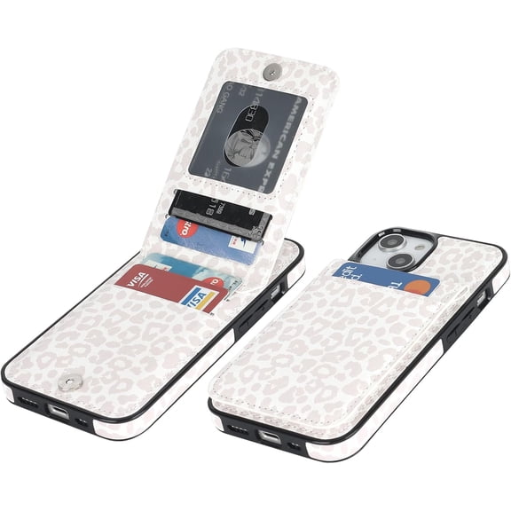 Compatible with iPhone 13 and iPhone 14 Case Wallet with Credit Card Holder, White Leopard Cheetah Pattern Flip Premium PU Leather Magnetic Closure Shockproof Protective Cover 6.1"