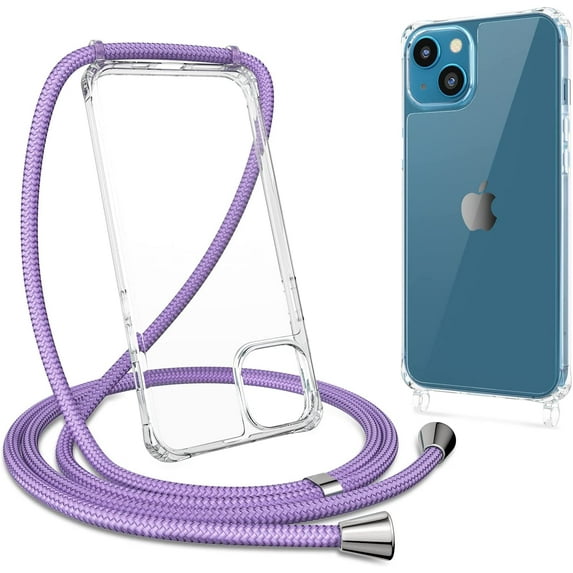 Compatible with iPhone 13 / iPhone 14,Clear Case with Adjustable Lanyard,Soft Slim TPU Shockproof Protective Crossbody Case for iPhone 13/14,6.1 inch-Purple