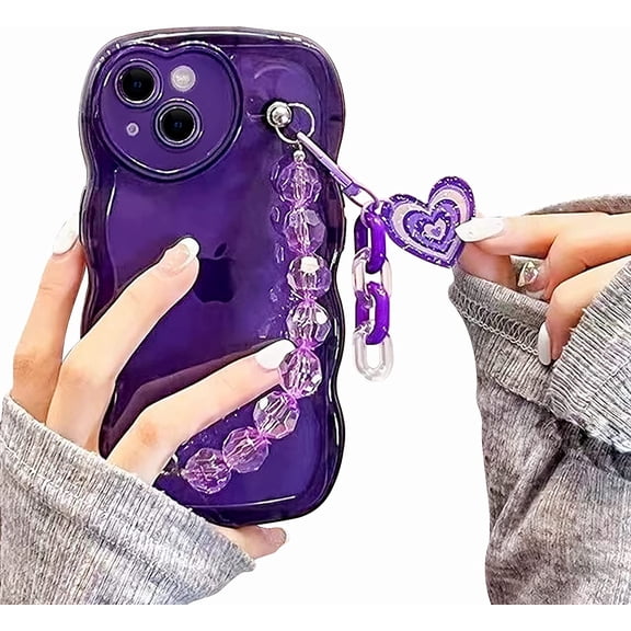 Compatible with iPhone 13/iPhone 14 Clear Cute Curly Wave Edge Design Aesthetic Women Teen Girls +Crystal Bracelet Chain +Heart Lanyard Phone Cases Camera Full Protective Cover