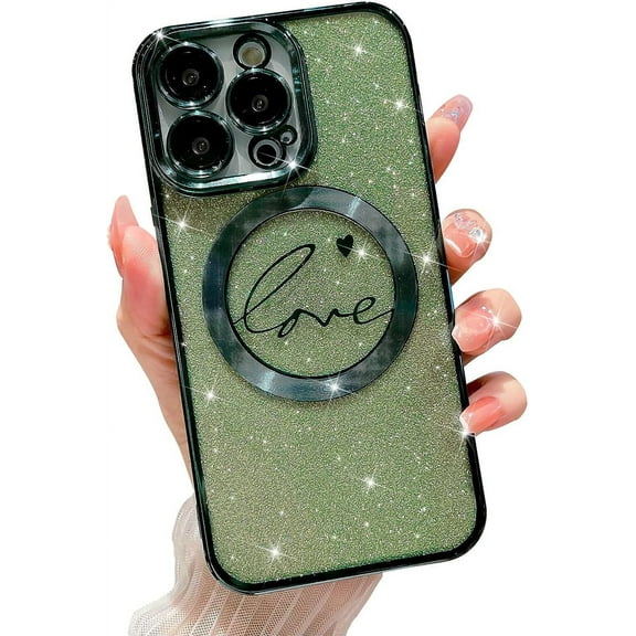 Compatible with iPhone 13 pro Magnetic Glitter Case-6.1 Inch, Luxury Love Heart Pattern Plating Clear Case, Compatible with MagSafe for Women Girls Shockproof Back Cover-Green