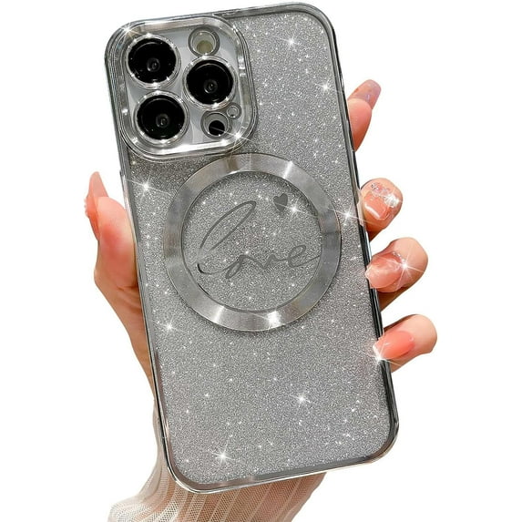Compatible with iPhone 13 pro Magnetic Glitter Case-6.1 Inch, Luxury Love Heart Pattern Plating Clear Case, Compatible with MagSafe for Women Girls Shockproof Back Cover-Silve