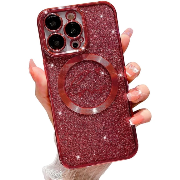 Compatible with iPhone 13 pro Magnetic Glitter Case-6.1 Inch, Luxury Love Heart Pattern Plating Clear Case, Compatible with MagSafe for Women Girls Shockproof Back Cover-Red