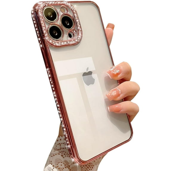 Compatible with iPhone 13 pro max Bling Plating Case, Luxury Glitter Cute 3D Rhinestone Diamond Shiny Clear Case for Women Girls Shockproof Camera Protective Back Cover - Pink/Rose Gold