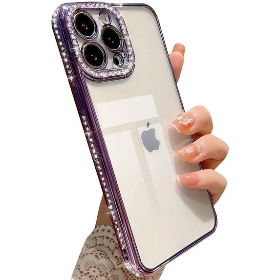 Compatible with iPhone 13 pro max Bling Plating Case, Luxury Glitter Cute 3D Rhinestone Diamond Sparkly Shiny Clear Case for Women Girls Shockproof Camera Protective Back Cover - Purple