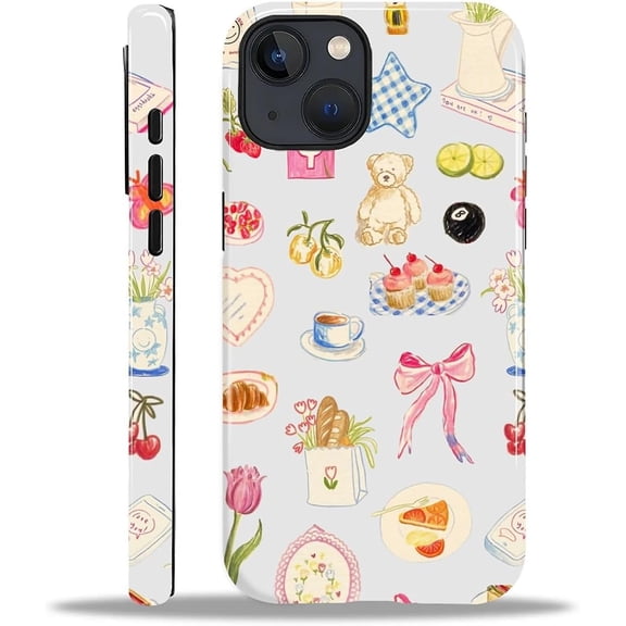 Compatible with iPhone 14 13 Case - Hybrid Heavy Duty 2 in 1 Full Body Rugged Shockproof Protection Glossy Case for iPhone 14 13 - Retro Patchwork Flower Bow