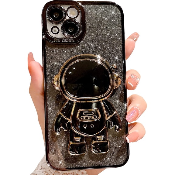 Compatible for iPhone 14 6.1 Inch Bling Plating Astronaut Hidden Stand Case, Cute 6D Stand Glitter Phone Case for Women Girls Soft TPU Shockproof Back Cover - Black