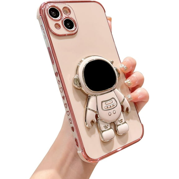 Compatible with iPhone 14 6.1" Phone Case Luxury Plating Cute Astronaut Stand Holder Case with Side Cute Small Heart Pattern Soft Silicone Shockproof Folding Kickstand Cover (Pink)