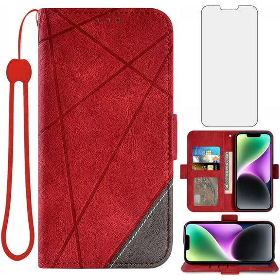 Compatible with iPhone 14 6.1 inch Wallet Case and Tempered Glass Screen Protector Leather Flip Card Holder Stand Cell Accessories Phone Cover for iPhone14 5G i i-Phone i14 iPhone14case Red