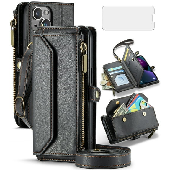 Compatible with iPhone 14 6.1 inch Zipper Wallet Phone Case Tempered Glass Screen Protector Crossbody Lanyard Strap Flip Card Holder Slot Cell Cover for iPhone14 5G i i-Phone i14 14Case Women Black