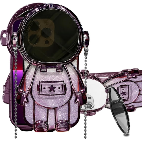 Compatible with iPhone 14 Astronaut Case with Kickstand Mirror Lanyard Shoulder Strap Case Detachable Glitter Paper Mirror Case for Women Girls Cute 3D Astronaut Bling Case, Purple