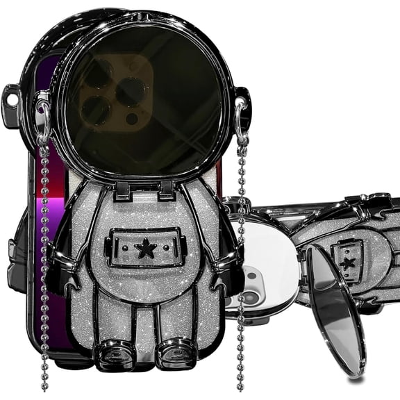 Compatible with iPhone 14 Astronaut Case with Kickstand Mirror Lanyard Shoulder Strap Case Detachable Glitter Paper Mirror Case for Women Girls Cute 3D Astronaut Bling Case, Black
