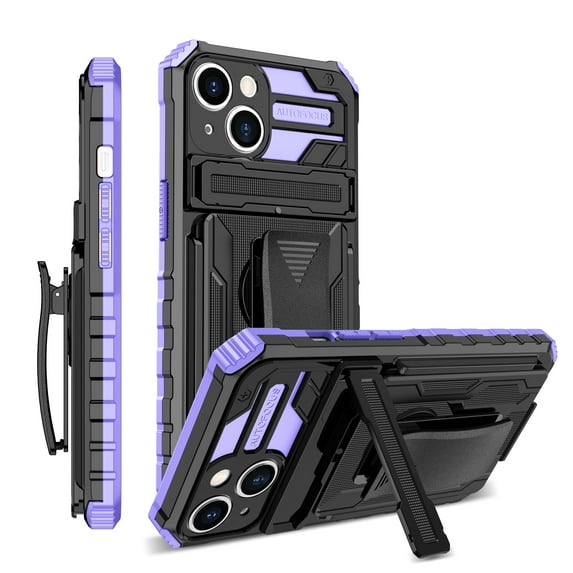 Compatible with iPhone 14 Back Case, 360 Rotating Removable Belt Clip & Hidden Kickstand & Hard PC + Soft TPU & Anti-fall & Shock Absorption Phone Case for iPhone 14, Purple