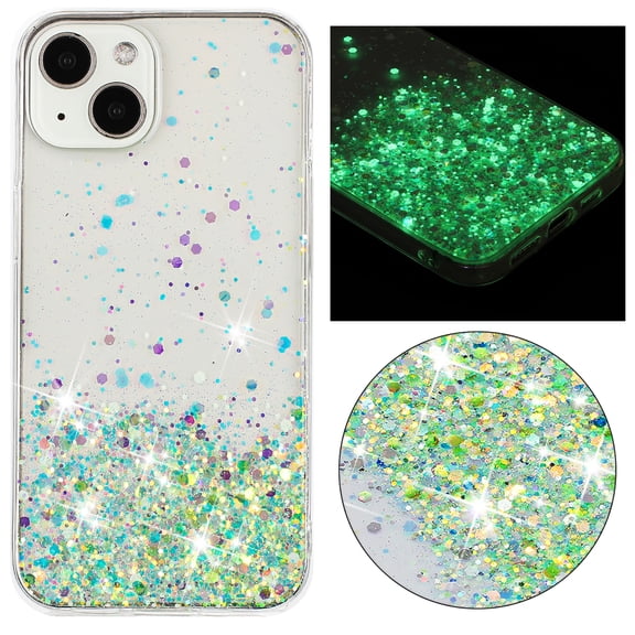 Compatible with iPhone 14 Bling Case Glow in The Dark Noctiluncent Fluorescent Luminous Phone Case Women Girls Girly Glitter Sparkling Slim Soft TPU Bumper Protective Cover,Green