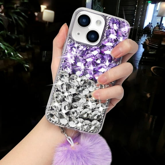 Compatible with iPhone 14 Bling Case Luxury 3D Sparkle Diamond Crystal Rhinestones for Women Girls Glitter Case with Cute Furry Plush Ball Pendant Soft TPU Bumper Shiny Gemstone Cover